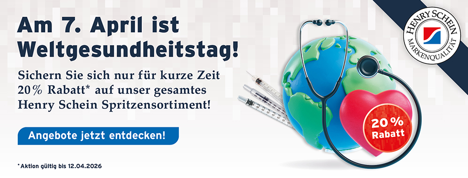 Am 7. April ist Weltgesundheitstag! Sichern Sie sich nur für kurze Zeit 20 % Rabatt* auf unser gesamtes Henry Schein Spritzensortiment. Aktion gueltig bis 12.04.2026.